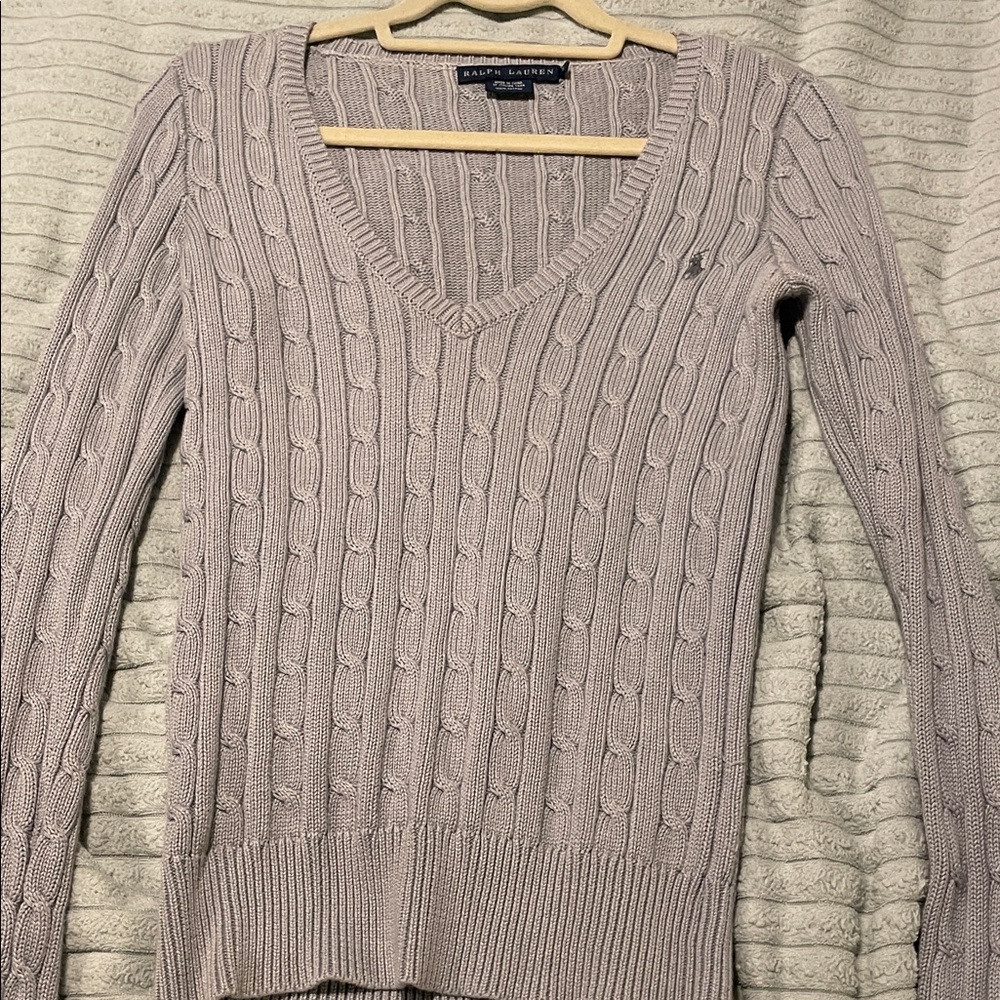 Ralph Lauren Women's Gray Cable Knit V-Neck Sweater